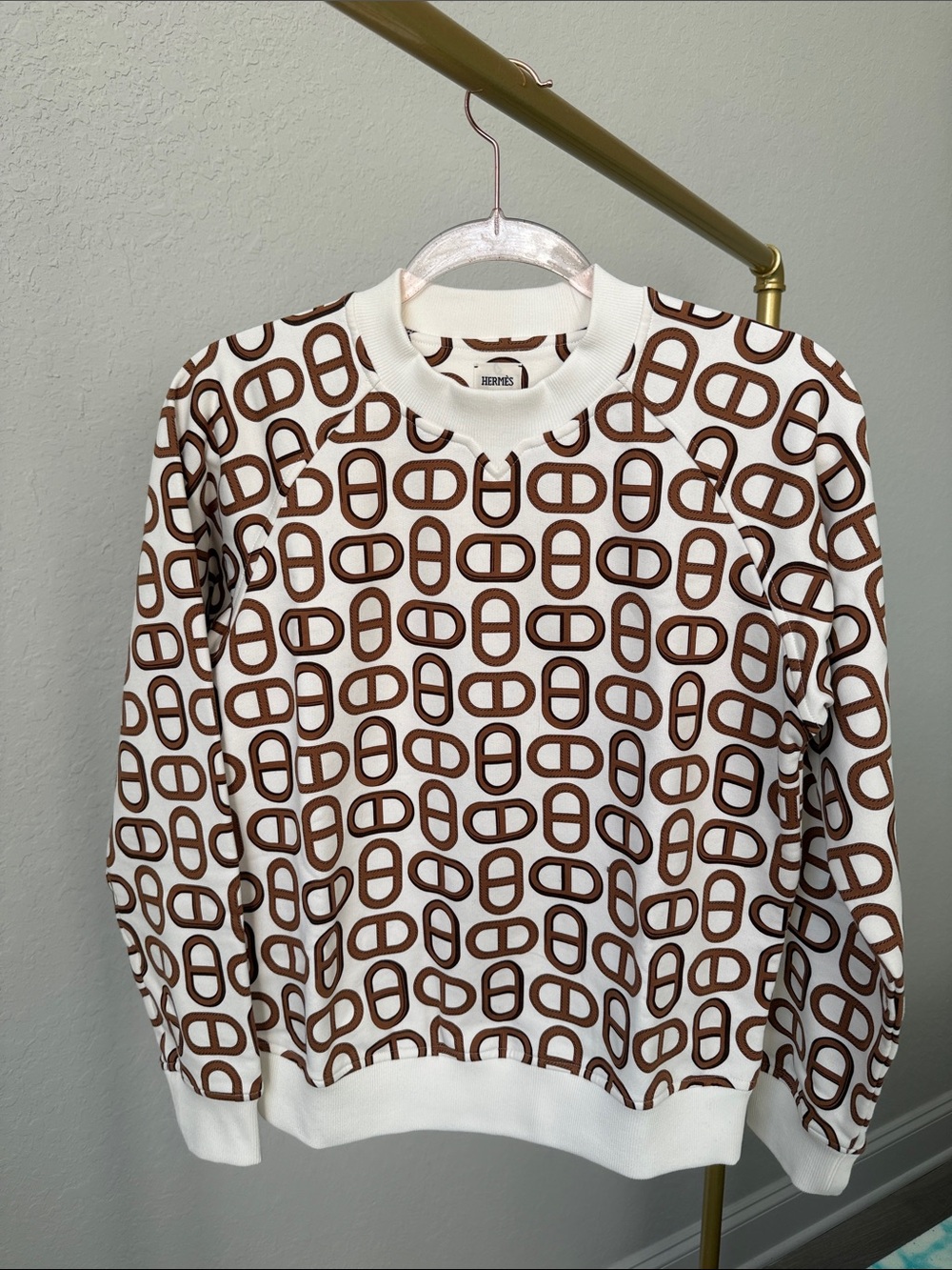 Hermes White and Brown Logo-Print Crewneck Sweater